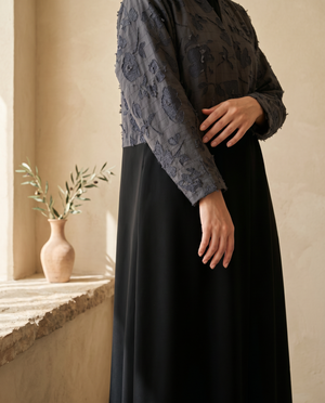 Heritage Threads Abaya - Black Abaya with Floral Lace Contrast Yoke