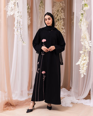 Korea Jet Black Barbie with Pink Flower Abaya