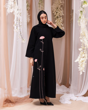 Korea Jet Black Barbie with Pink Flower Abaya