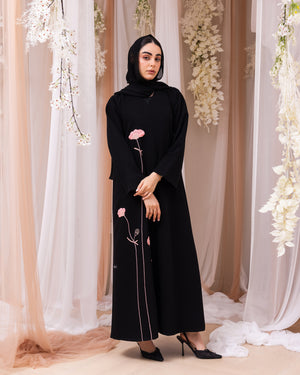 Korea Jet Black Barbie with Pink Flower Abaya