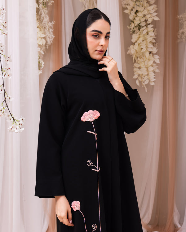 Korea Jet Black Barbie with Pink Flower Abaya