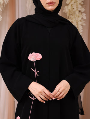 Korea Jet Black Barbie with Pink Flower Abaya