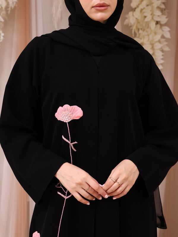 Korea Jet Black Barbie with Pink Flower Abaya