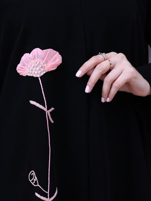 Korea Jet Black Barbie with Pink Flower Abaya