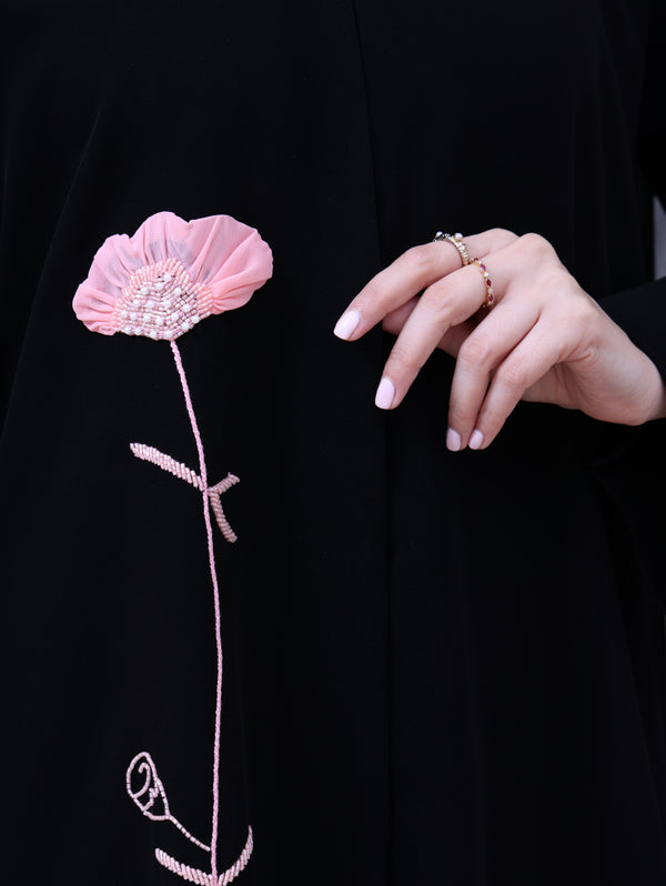 Korea Jet Black Barbie with Pink Flower Abaya