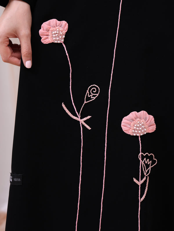 Korea Jet Black Barbie with Pink Flower Abaya