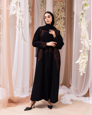 Korea Jet Black Barbie with Velvet Work Abaya