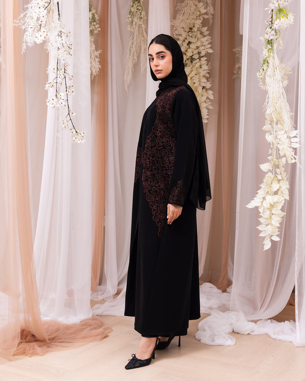 Korea Jet Black Barbie with Velvet Work Abaya