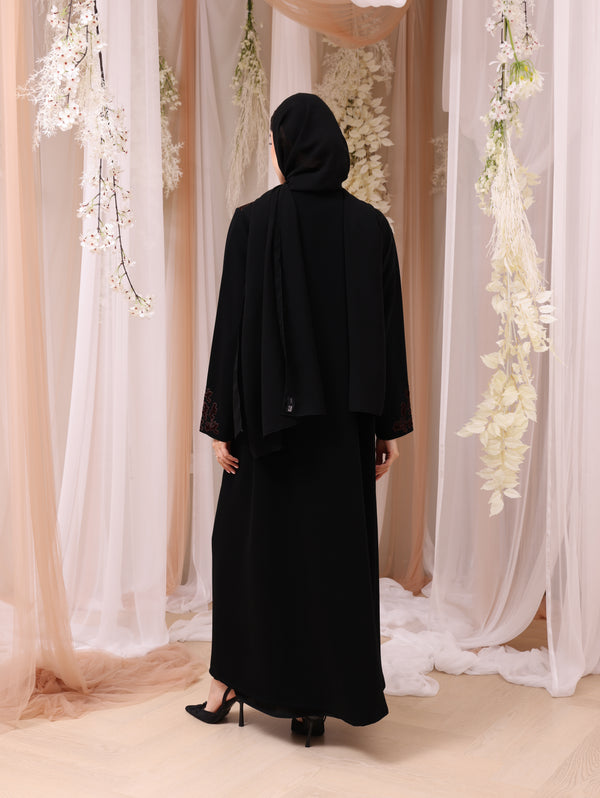 Korea Jet Black Barbie with Velvet Work Abaya