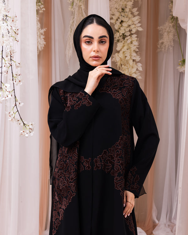 Korea Jet Black Barbie with Velvet Work Abaya