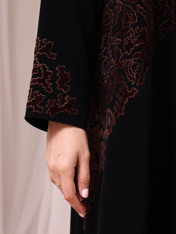 Korea Jet Black Barbie with Velvet Work Abaya