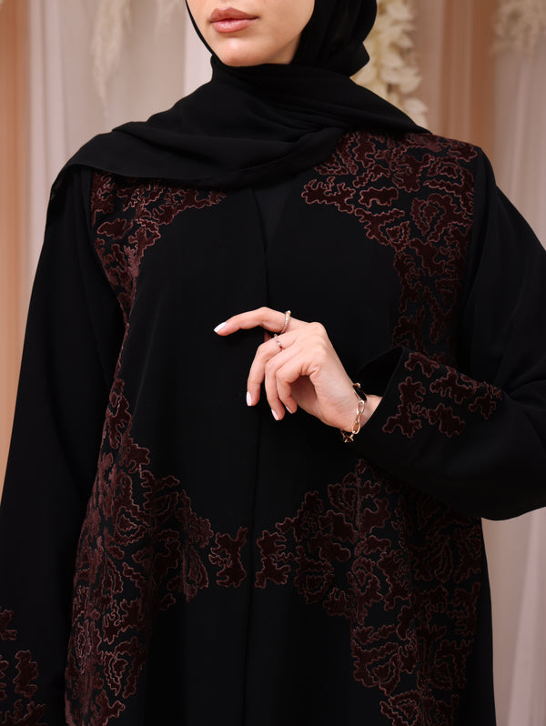 Korea Jet Black Barbie with Velvet Work Abaya
