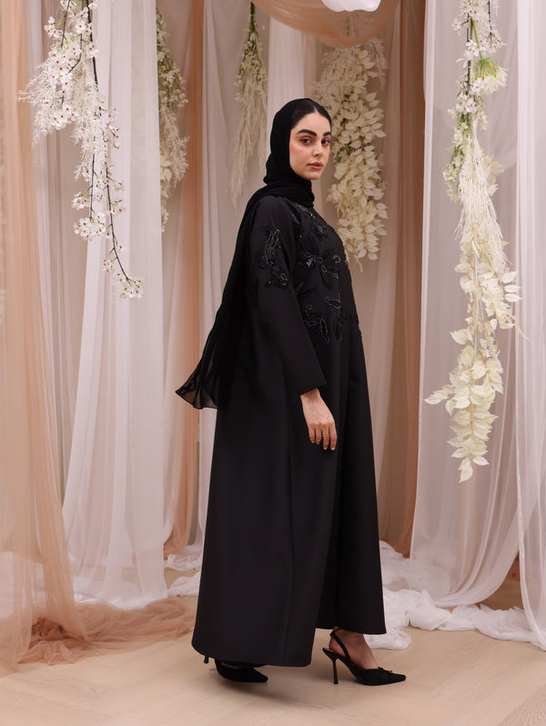 Korea Black Silk Satin with Beadwork on Front Abaya