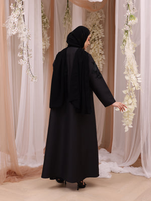 Korea Black Silk Satin with Beadwork on Front Abaya