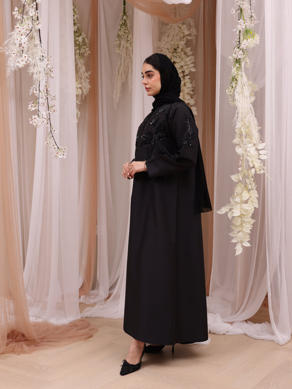 Korea Black Silk Satin with Beadwork on Front Abaya