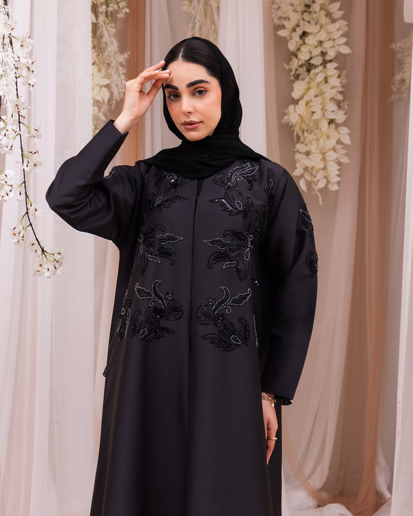 Korea Black Silk Satin with Beadwork on Front Abaya