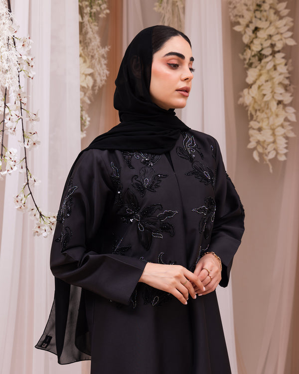 Korea Black Silk Satin with Beadwork on Front Abaya