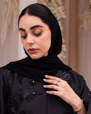 Korea Black Silk Satin with Beadwork on Front Abaya