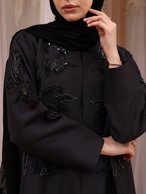 Korea Black Silk Satin with Beadwork on Front Abaya