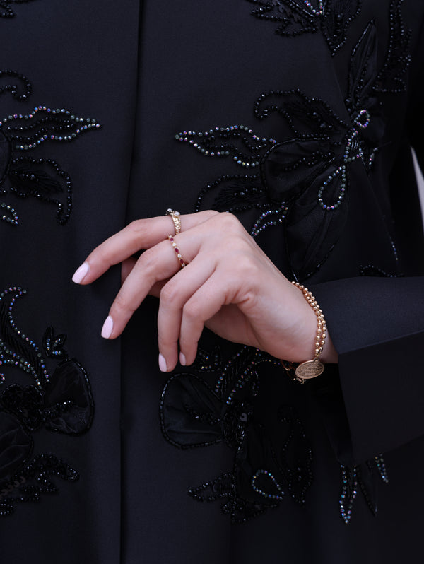 Korea Black Silk Satin with Beadwork on Front Abaya