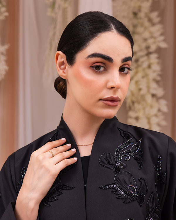 Korea Black Silk Satin with Beadwork on Front Abaya