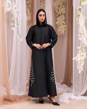 Korea Silk Black Satin with White Flower Beadwork on Side Abaya