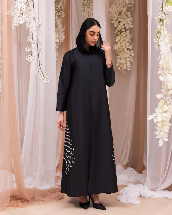 Korea Silk Black Satin with White Flower Beadwork on Side Abaya