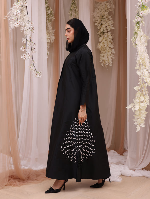 Korea Silk Black Satin with White Flower Beadwork on Side Abaya