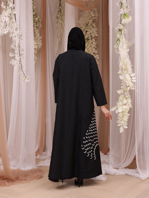 Korea Silk Black Satin with White Flower Beadwork on Side Abaya