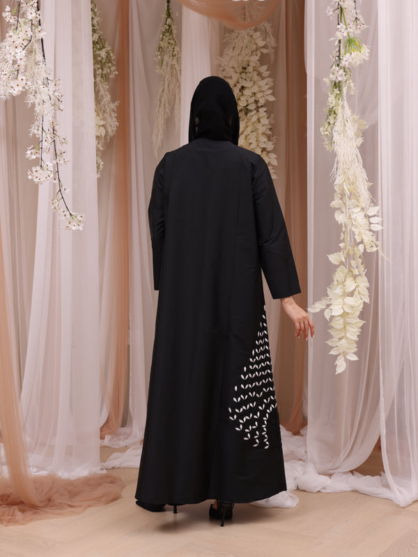 Korea Silk Black Satin with White Flower Beadwork on Side Abaya