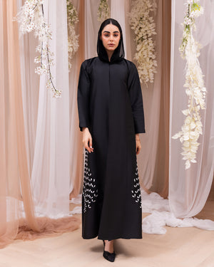 Korea Silk Black Satin with White Flower Beadwork on Side Abaya