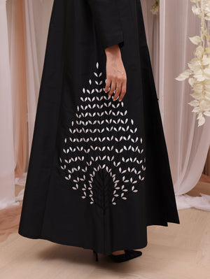 Korea Silk Black Satin with White Flower Beadwork on Side Abaya