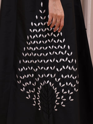 Korea Silk Black Satin with White Flower Beadwork on Side Abaya