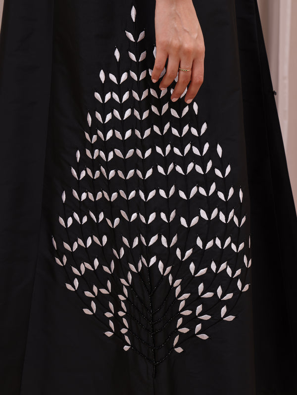 Korea Silk Black Satin with White Flower Beadwork on Side Abaya