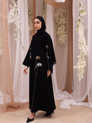 Indonesia Jet Black Barbie with Flower Embroidery Abaya