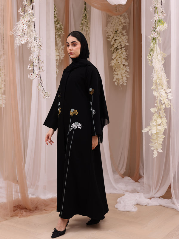 Indonesia Jet Black Barbie with Flower Embroidery Abaya