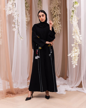 Indonesia Jet Black Barbie with Flower Embroidery Abaya