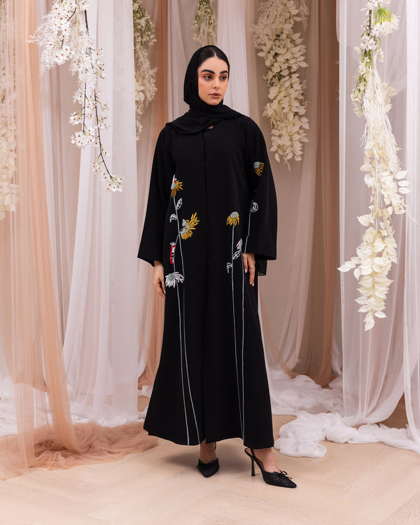 Indonesia Jet Black Barbie with Flower Embroidery Abaya