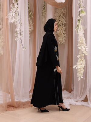 Indonesia Jet Black Barbie with Flower Embroidery Abaya