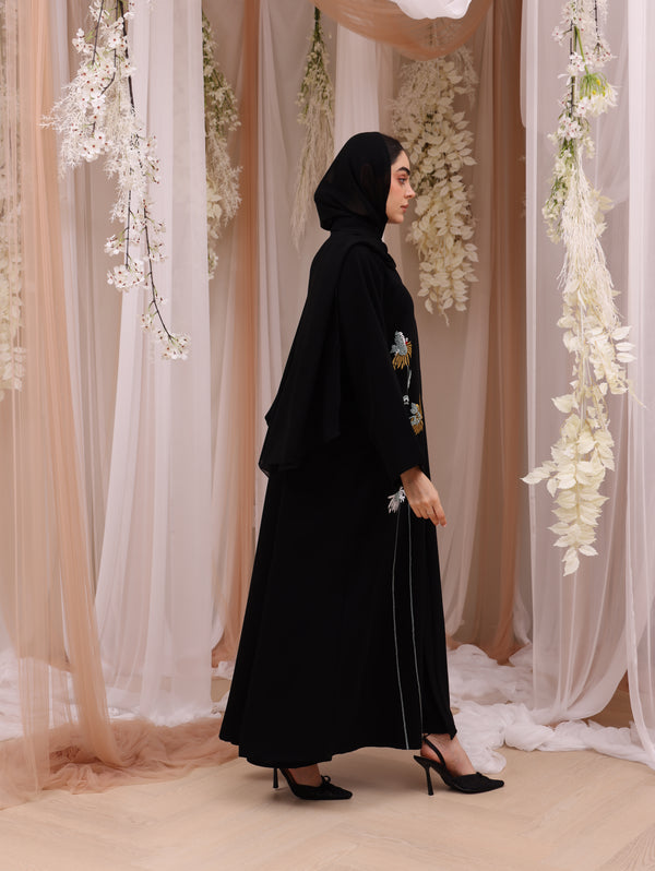 Indonesia Jet Black Barbie with Flower Embroidery Abaya