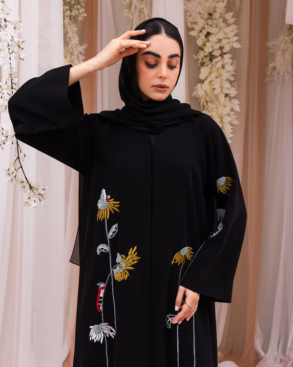 Indonesia Jet Black Barbie with Flower Embroidery Abaya