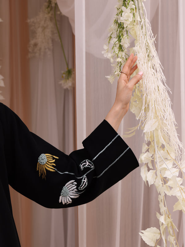 Indonesia Jet Black Barbie with Flower Embroidery Abaya