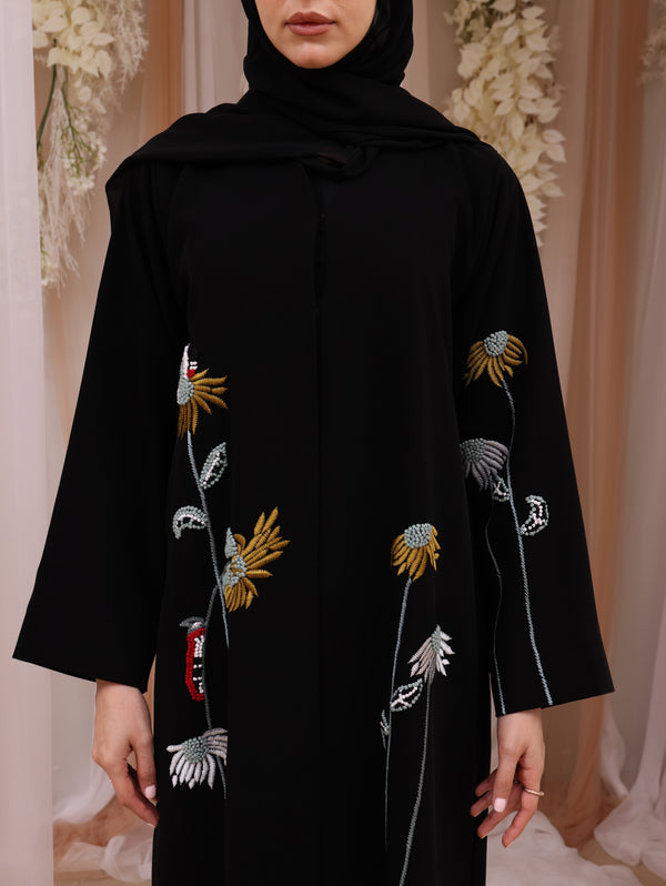 Indonesia Jet Black Barbie with Flower Embroidery Abaya