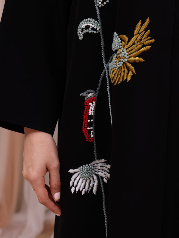 Indonesia Jet Black Barbie with Flower Embroidery Abaya