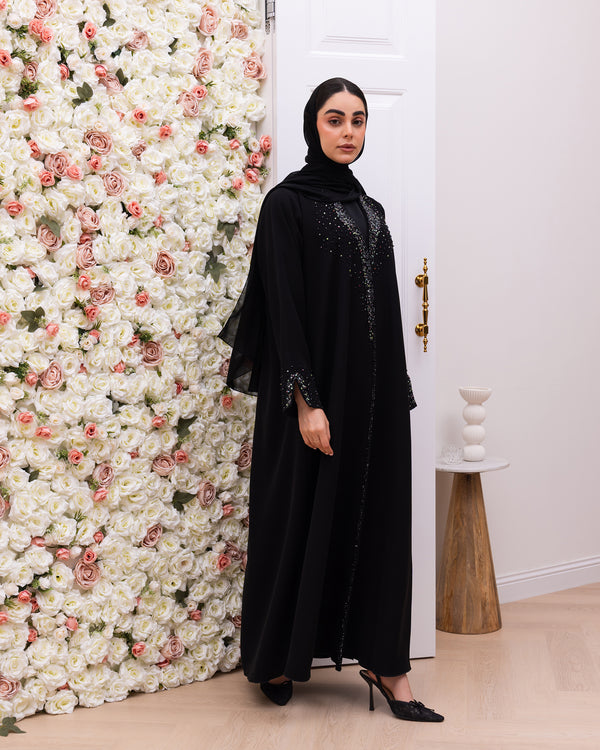 Indonesia Jet Black Barbie with Colors Beadwork on Front Abaya