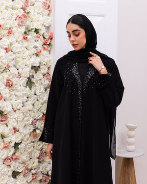 Indonesia Jet Black Barbie with Colors Beadwork on Front Abaya