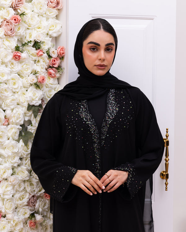 Indonesia Jet Black Barbie with Colors Beadwork on Front Abaya