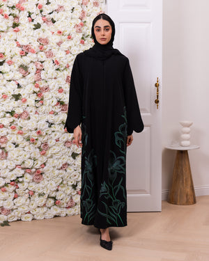 Indonesia Jet Black Barbie with Green Flower Embroidery on Side Abaya