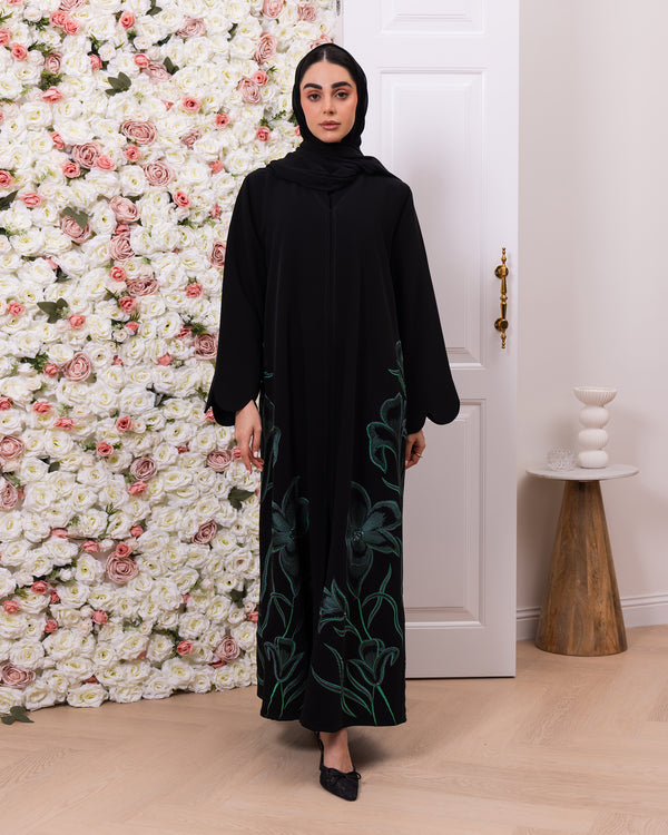 Indonesia Jet Black Barbie with Green Flower Embroidery on Side Abaya