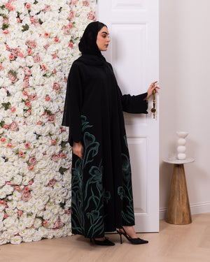 Indonesia Jet Black Barbie with Green Flower Embroidery on Side Abaya